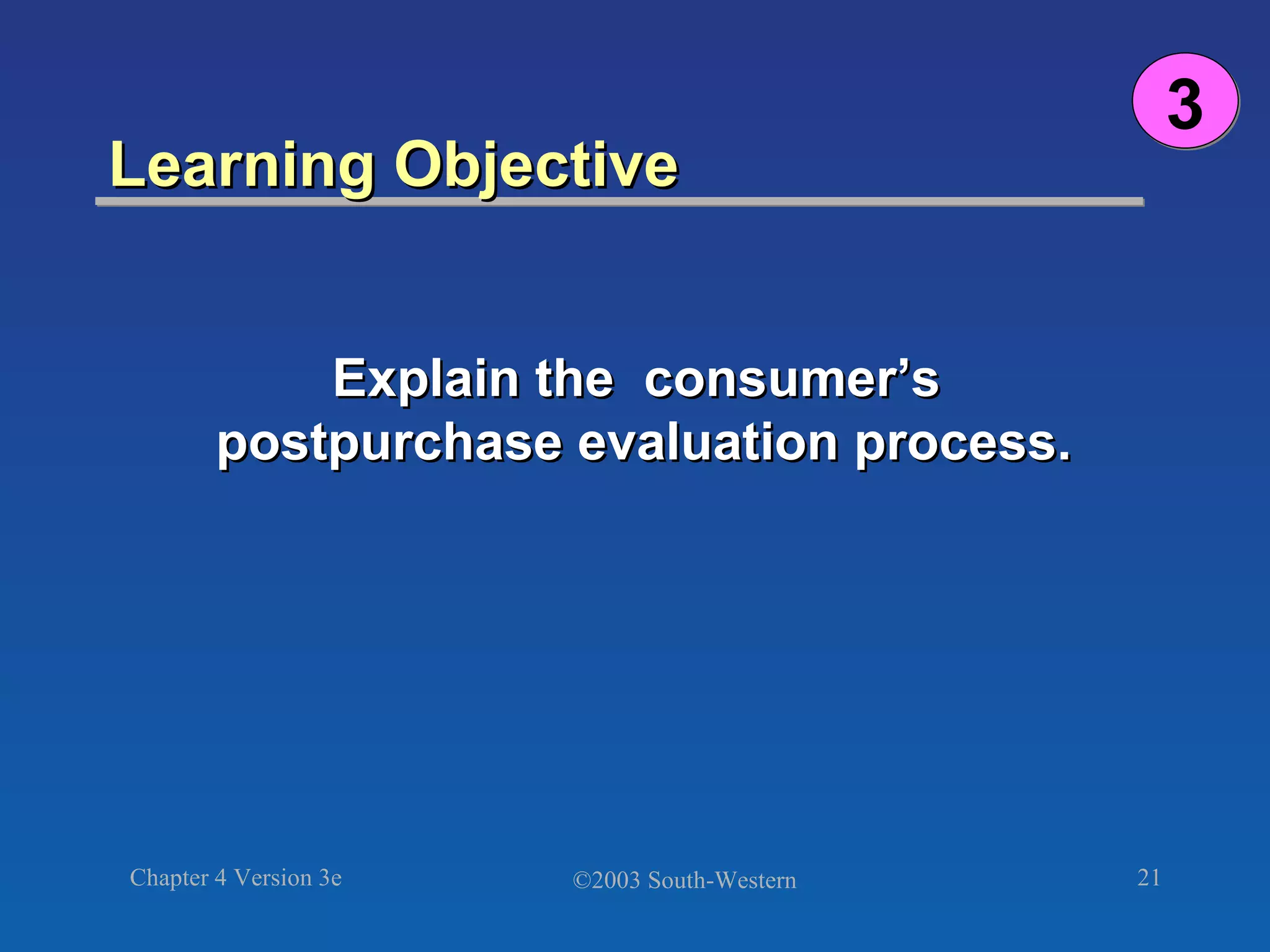 Learning Objective  Explain the  consumer’s  postpurchase evaluation process. 3 