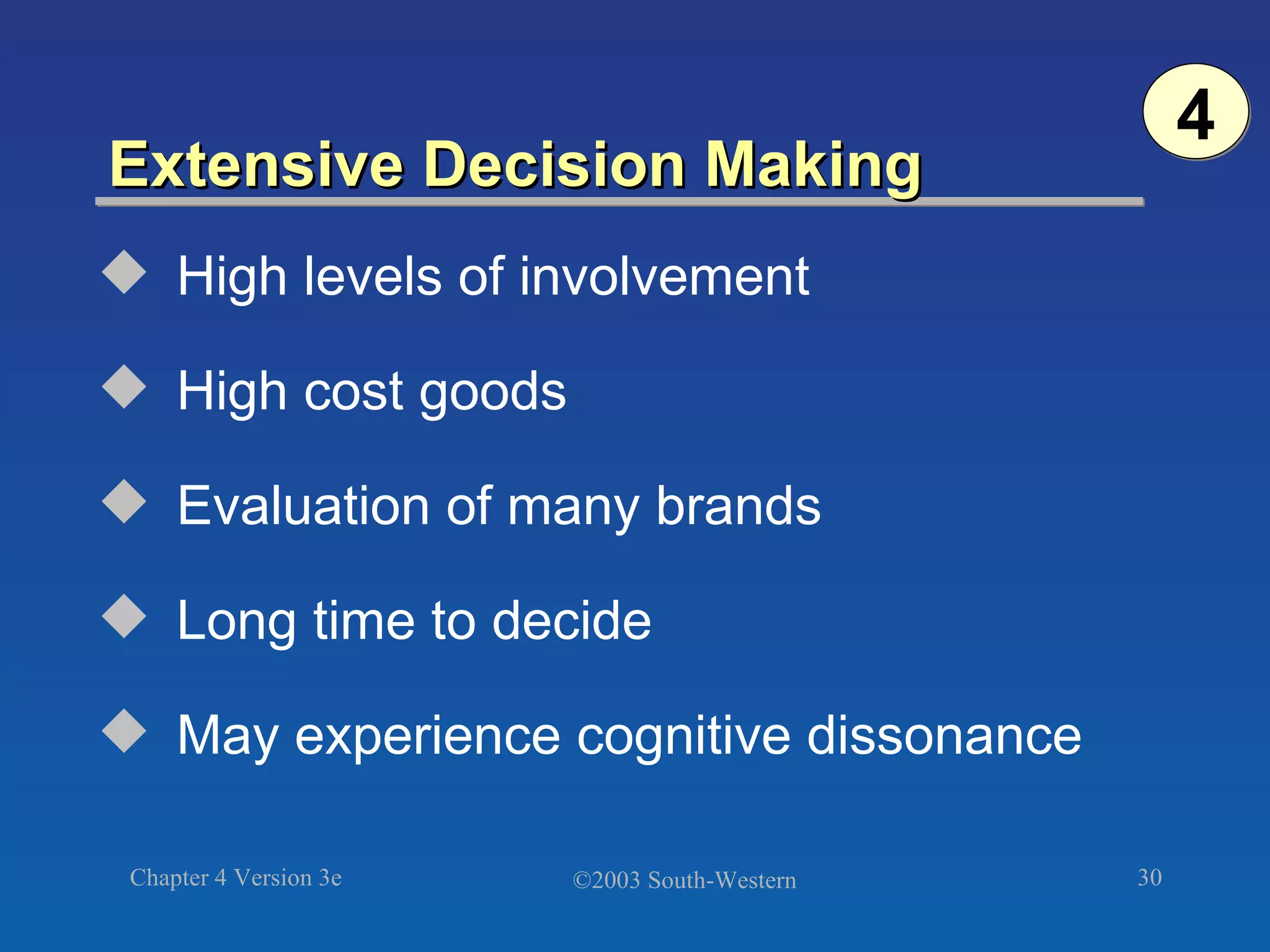 Extensive Decision Making 4 High levels of involvement High cost goods Evaluation of many brands Long time to decide May experience cognitive dissonance 