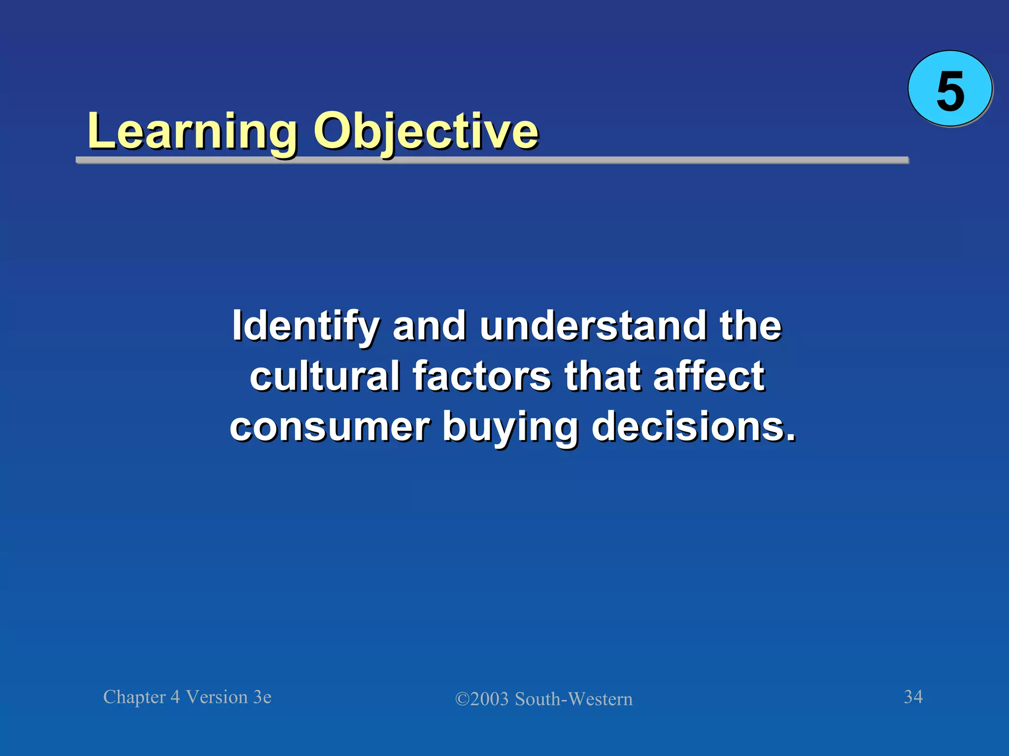 Learning Objective  Identify and understand the  cultural factors that affect  consumer buying decisions. 5 