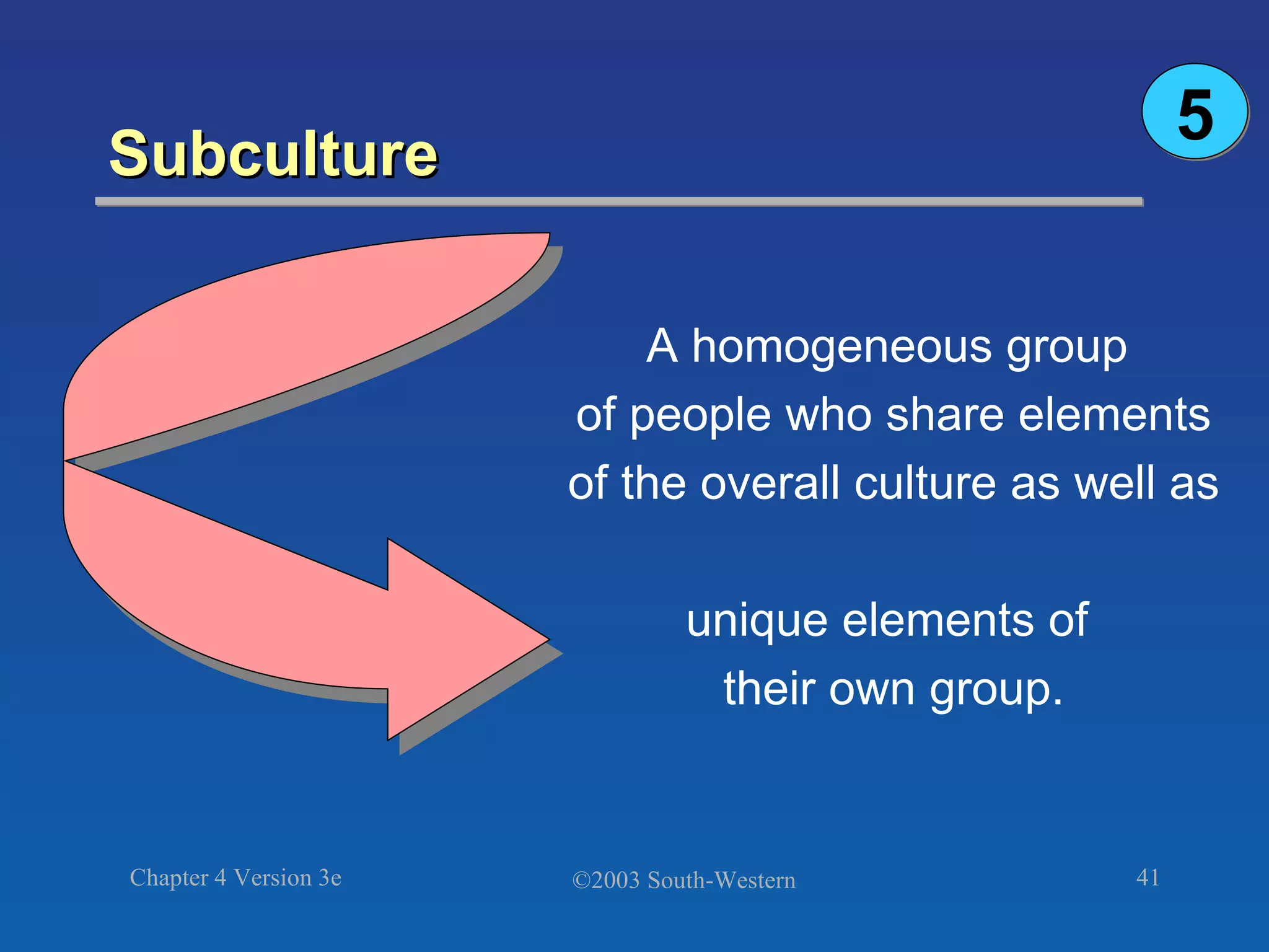 Subculture A homogeneous group  of people who share elements of the overall culture as well as  unique elements of  their own group. 5 