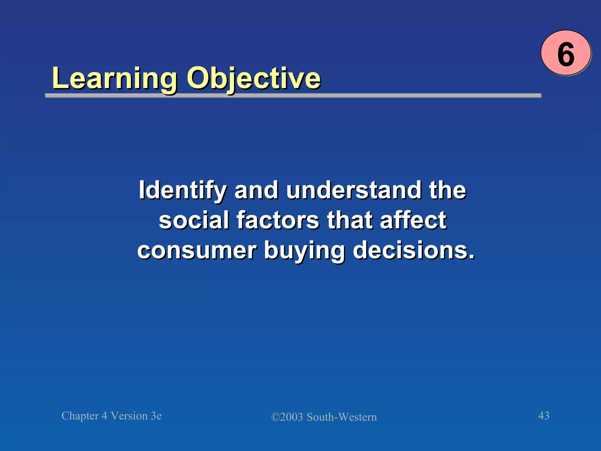 Learning Objective  6 Identify and understand the  social factors that affect  consumer buying decisions. 