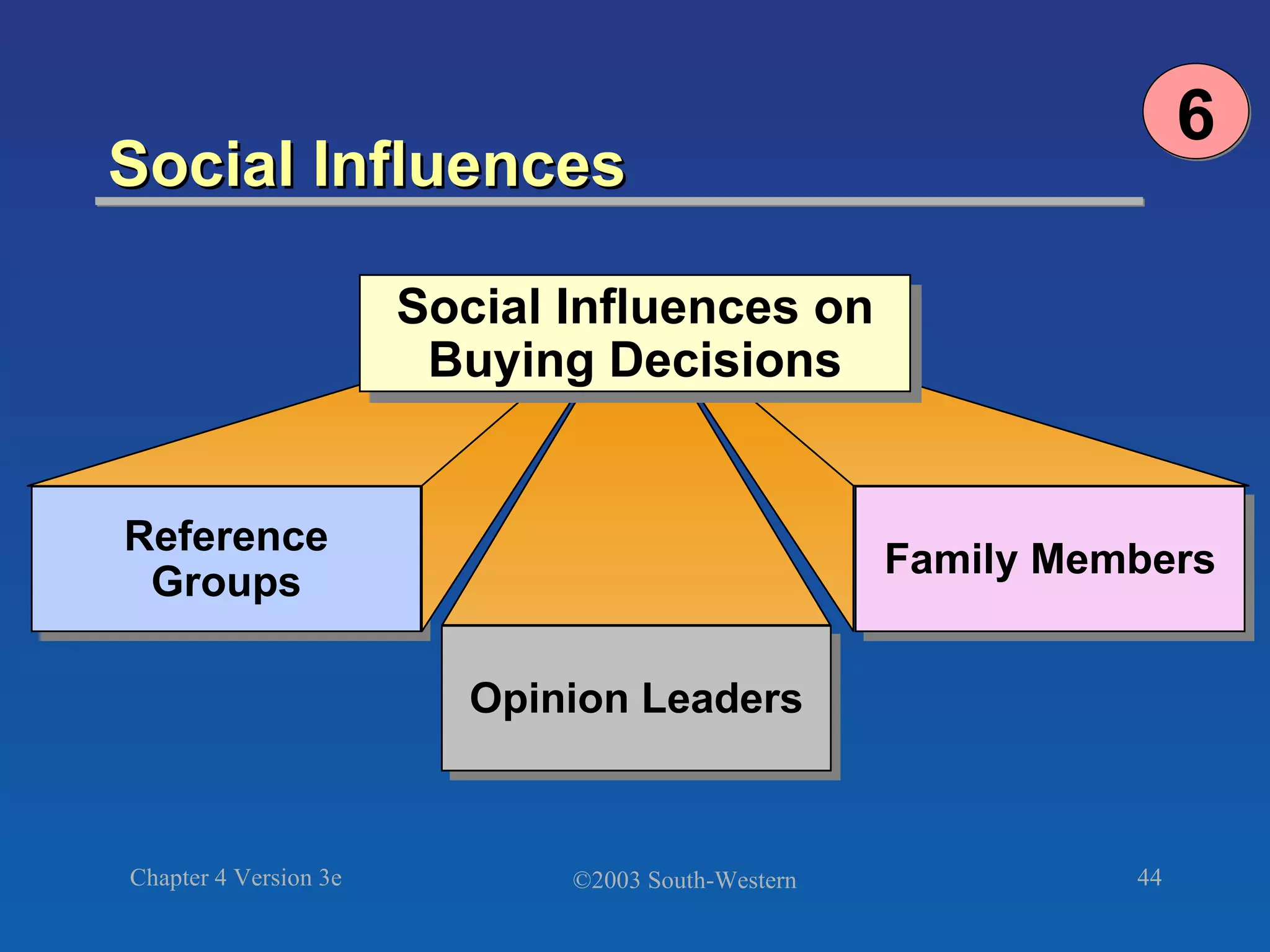 Social Influences  Reference Groups Opinion Leaders Family Members Social Influences on Buying Decisions 6 
