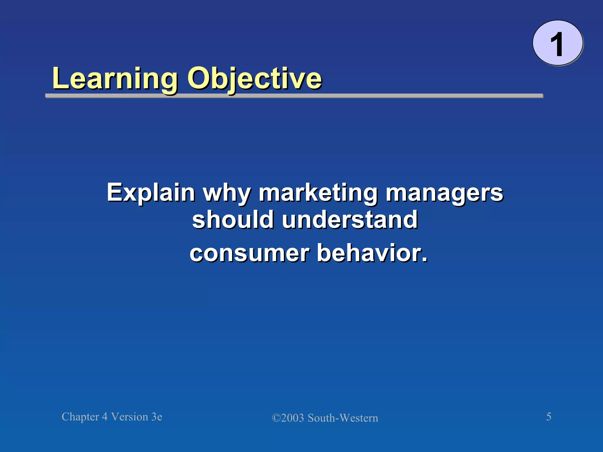 Learning Objective  1 Explain why marketing managers  should understand  consumer behavior. 