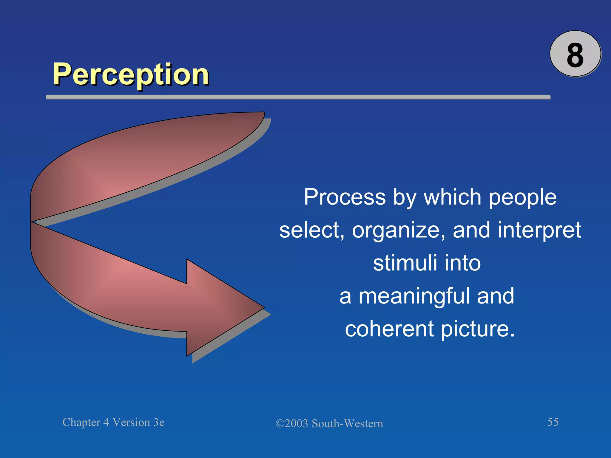 Perception  Process by which people select, organize, and interpret stimuli into  a meaningful and  coherent picture. 8 