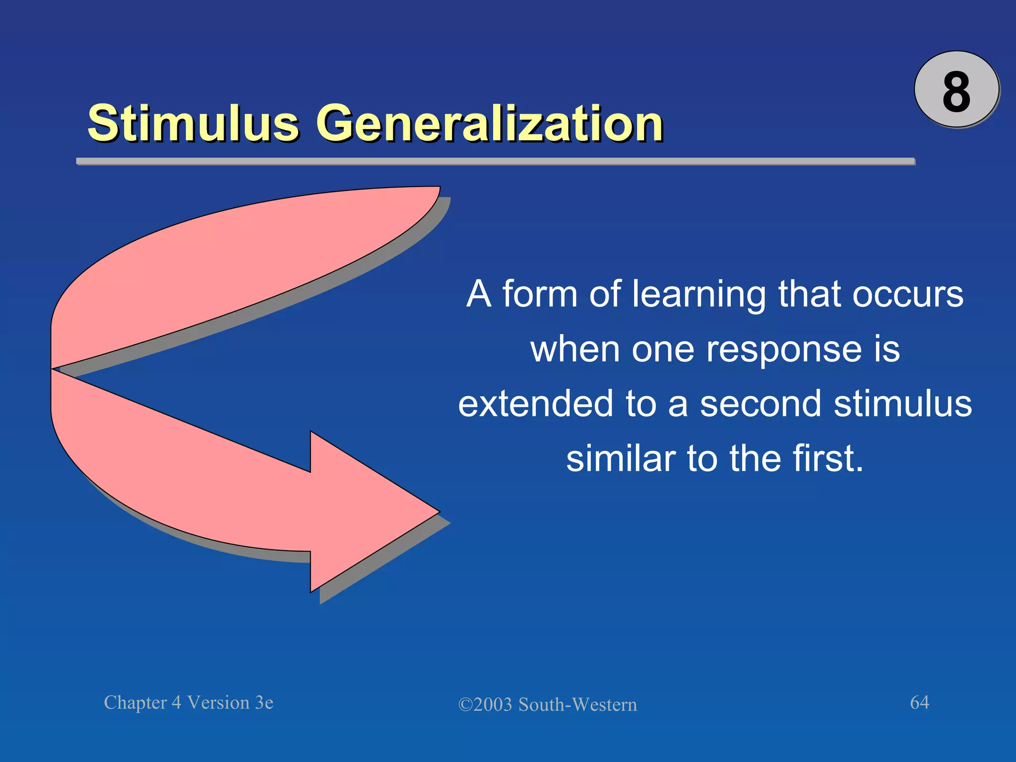 Stimulus Generalization  A form of learning that occurs when one response is extended to a second stimulus similar to the first. 8 