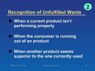 Recognition of Unfulfilled Wants When a current product isn’t performing properly When the consumer is running  out of an product When another product seems superior to the one currently used 2 