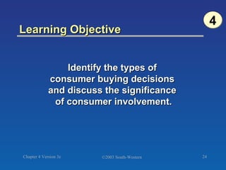 Learning Objective  Identify the types of  consumer buying decisions  and discuss the significance  of consumer involvement. 4 