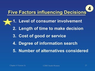 Five Factors influencing Decisions 1. Level of consumer involvement 2. Length of time to make decision 3.  Cost of good or service 4.  Degree of information search 5.  Number of alternatives considered 4 