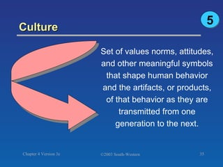 Culture Set of values norms, attitudes, and other meaningful symbols that shape human behavior and the artifacts, or products, of that behavior as they are transmitted from one generation to the next. 5 