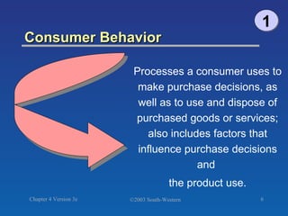 Consumer Behavior Processes a consumer uses to make purchase decisions, as well as to use and dispose of purchased goods or services; also includes factors that influence purchase decisions and  the product use. 1 