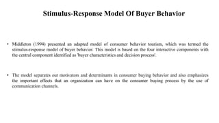 Stimulus-Response Model Of Buyer Behavior
• Middleton (1994) presented an adapted model of consumer behavior tourism, which was termed the
stimulus-response model of buyer behavior. This model is based on the four interactive components with
the central component identified as 'buyer characteristics and decision process'.
• The model separates out motivators and determinants in consumer buying behavior and also emphasizes
the important effects that an organization can have on the consumer buying process by the use of
communication channels.
 
