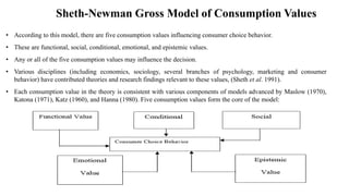 Sheth-Newman Gross Model of Consumption Values
• According to this model, there are five consumption values influencing consumer choice behavior.
• These are functional, social, conditional, emotional, and epistemic values.
• Any or all of the five consumption values may influence the decision.
• Various disciplines (including economics, sociology, several branches of psychology, marketing and consumer
behavior) have contributed theories and research findings relevant to these values, (Sheth et al. 1991).
• Each consumption value in the theory is consistent with various components of models advanced by Maslow (1970),
Katona (1971), Katz (1960), and Hanna (1980). Five consumption values form the core of the model:
 