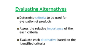 Evaluating Alternatives
Determine criteria to be used for
evaluation of products
Assess the relative importance of the
each criteria
Evaluate each alternative based on the
identified criteria
 