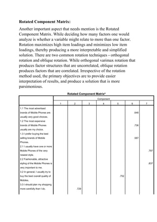 Rotated Component Matrix:
Another important aspect that needs mention is the Rotated
Component Matrix. While deciding how many factors one would
analyze is whether a variable might relate to more than one factor.
Rotation maximizes high item loadings and minimizes low item
loadings, thereby producing a more interpretable and simplified
solution. There are two common rotation techniques - orthogonal
rotation and oblique rotation. While orthogonal varimax rotation that
produces factor structures that are uncorrelated, oblique rotation
produces factors that are correlated. Irrespective of the rotation
method used, the primary objectives are to provide easier
interpretation of results, and produce a solution that is more
parsimonious.
Rotated Component Matrixa
Component
1 2 3 4 5 6 7
1.1 The most advertised
brands of Mobile Phones are
usually very good choices.
.648
1.2 The most expensive
brands of Mobile Phones
usually are my choice.
.736
1.3 I prefer buying the best
selling brands of Mobile
Phones.
.587
2.1 I usually have one or more
Mobile Phones of the very
newest style.
.797
2.2 Fashionable, attractive
styling of the Mobile Phones is
very important to me.
.837
3.2 In general, I usually try to
buy the best overall quality of
Mobiles.
.752
3.3 I should plan my shopping
more carefully than I do. .729
 