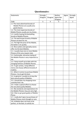 Questionnaire:
Statements Strongly
disagree Disagree
Neither
Agree Nor
Disagree
Agree Strongly
Agree
Code 5 4 3 2 1
1.1 The most advertised brands of
Mobile Phones are usually very
good choices.
1.2. The most expensive brands of
Mobile Phones usually are my choice.
1.3. I prefer buying the bestselling
brands of Mobile Phones.
1.4. The well-known brands of Mobile
Phones are best for me.
1.5. The high the price of the Mobile,
the better is its quality.
1.6. Nice outlets and speciality stores
offer me the best Mobiles.
2.1. I usually have one or more Mobile
Phones of the very newest style.
2.2. Fashionable, attractive styling of
the Mobile Phones is very important to
me.
2.3. I keep myself up to date with the
changing fashions of Mobile Phones.
2.4. To get variety, I shop different
stores and choose different brands of
mobiles.
3.1. When it comes to purchase Mobile
Phones, I try to get the best.
3.2. In general, I usually try to buy the
best overall quality of Mobiles.
3.3. I should plan my shopping more
carefully than I do.
3.4. I make a special effort to choose
the very best quality Mobiles.
3.5. My standards and expectations for
the Mobile Phones I buy are very high.
3.6. I like to get good quality of Mobile
Phone.
3.7. I really don’t give my purchases of
Mobile Phones much thought or care.
3.8. A Mobile does not have to be
perfect, or the best, to satisfy me.
 