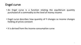 Engel curve
• An Engel curve is a function relating the equilibrium quantity
purchased of a commodity to the level of money income
• Engel curve describes how quantity of Y changes as income changes
holding all prices constant
• It is derived from the income-consumption curve
7
 