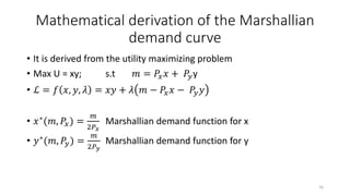 Mathematical derivation of the Marshallian
demand curve
• It is derived from the utility maximizing problem
• Max U = xy; ...