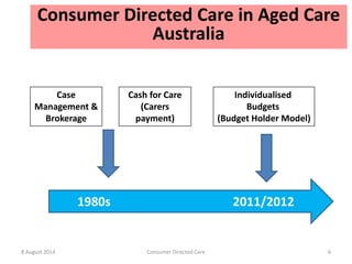 8 August 2014
Case
Management &
Brokerage
Individualised
Budgets
(Budget Holder Model)
Consumer Directed Care 6
Cash for C...