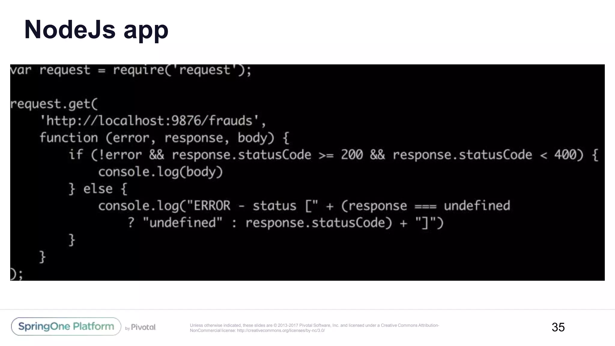 Unless otherwise indicated, these slides are © 2013-2017 Pivotal Software, Inc. and licensed under a Creative Commons Attribution-
NonCommercial license: http://creativecommons.org/licenses/by-nc/3.0/
NodeJs app
35
 