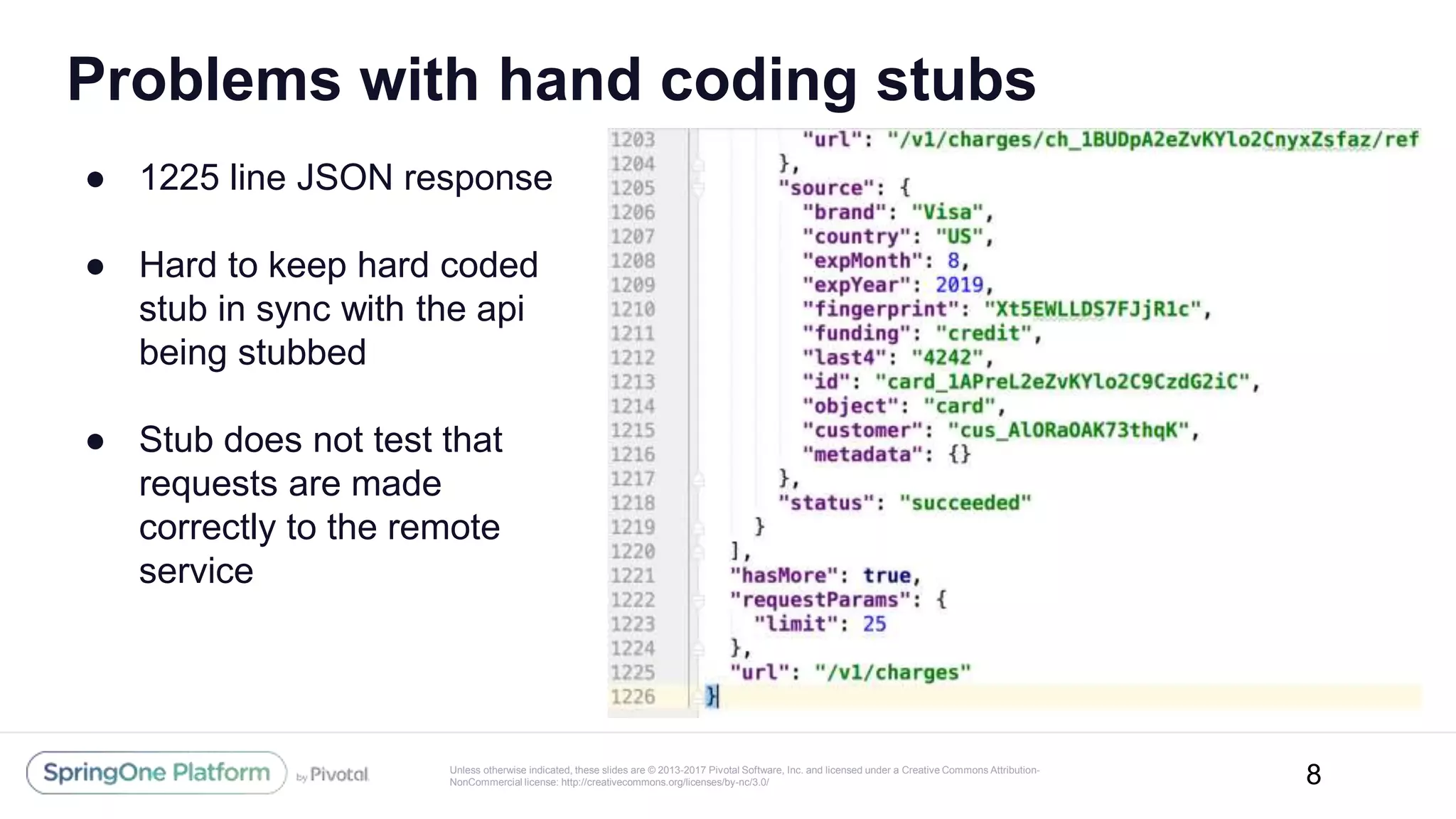Unless otherwise indicated, these slides are © 2013-2017 Pivotal Software, Inc. and licensed under a Creative Commons Attribution-
NonCommercial license: http://creativecommons.org/licenses/by-nc/3.0/
Problems with hand coding stubs
8
● 1225 line JSON response
● Hard to keep hard coded
stub in sync with the api
being stubbed
● Stub does not test that
requests are made
correctly to the remote
service
 