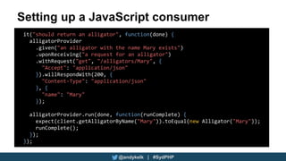 @andykelk | #SydPHP
Setting up a JavaScript consumer
it("should return an alligator", function(done) {
alligatorProvider
.given("an alligator with the name Mary exists")
.uponReceiving("a request for an alligator")
.withRequest("get", "/alligators/Mary", {
"Accept": "application/json"
}).willRespondWith(200, {
"Content-Type": "application/json"
}, {
"name": "Mary"
});
alligatorProvider.run(done, function(runComplete) {
expect(client.getAlligatorByName("Mary")).toEqual(new Alligator("Mary"));
runComplete();
});
});
 