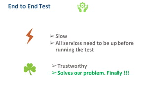 ➢Slow
➢All services need to be up before
running the test
➢Trustworthy
➢Solves our problem. Finally !!!
End to End Test
 
