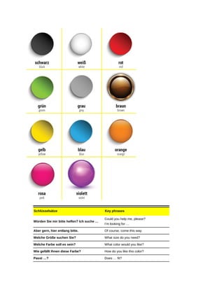 Schlüsselsätze Key phrases
Würden Sie mir bitte helfen? Ich suche …
Could you help me, please?
I’m looking for …
Aber gern, hier entlang bitte. Of course, come this way.
Welche Größe suchen Sie? What size do you need?
Welche Farbe soll es sein? What color would you like?
Wie gefällt Ihnen diese Farbe? How do you like this color?
Passt …? Does … fit?
 