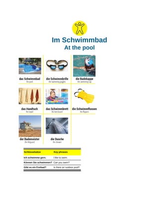 Im Schwimmbad
At the pool
Schlüsselsätze Key phrases
Ich schwimme gern. I like to swim.
Können Sie schwimmen? Can you swim?
Gibt es ein Freibad? Is there an outdoor pool?
 