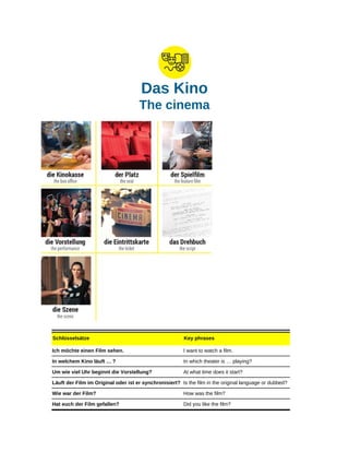 Das Kino
The cinema
Schlüsselsätze Key phrases
Ich möchte einen Film sehen. I want to watch a film.
In welchem Kino läuft … ? In which theater is … playing?
Um wie viel Uhr beginnt die Vorstellung? At what time does it start?
Läuft der Film im Original oder ist er synchronisiert? Is the film in the original language or dubbed?
Wie war der Film? How was the film?
Hat euch der Film gefallen? Did you like the film?
 