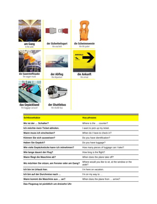 Schlüsselsätze Key phrases
Wo ist der … Schalter? Where is the … counter?
Ich möchte mein Ticket abholen. I want to pick up my ticket.
Wann muss ich einchecken? When do I have to check in?
Können Sie sich ausweisen? Do you have identification?
Haben Sie Gepäck? Do you have luggage?
Wie viele Gepäckstücke kann ich mitnehmen? How many pieces of luggage can I take?
Wie lange dauert der Flug? How long is the flight?
Wann fliegt die Maschine ab? When does the plane take off?
Wo möchten Sie sitzen, am Fenster oder am Gang?
Where would you like to sit, at the window or the
aisle?
Ich bin im Urlaub hier. I’m here on vacation.
Ich bin auf der Durchreise nach … I'm on my way to …
Wann kommt die Maschine aus … an? When does the plane from … arrive?
Das Flugzeug ist pünktlich um dreizehn Uhr
 