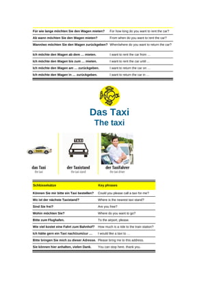 Für wie lange möchten Sie den Wagen mieten? For how long do you want to rent the car?
Ab wann möchten Sie den Wagen mieten? From when do you want to rent the car?
Wann/wo möchten Sie den Wagen zurückgeben? When/where do you want to return the car?
Ich möchte den Wagen ab dem … mieten. I want to rent the car from …
Ich möchte den Wagen bis zum … mieten. I want to rent the car until …
Ich möchte den Wagen am … zurückgeben. I want to return the car on …
Ich möchte den Wagen in … zurückgeben. I want to return the car in …
Das Taxi
The taxi
Schlüsselsätze Key phrases
Können Sie mir bitte ein Taxi bestellen? Could you please call a taxi for me?
Wo ist der nächste Taxistand? Where is the nearest taxi stand?
Sind Sie frei? Are you free?
Wohin möchten Sie? Where do you want to go?
Bitte zum Flughafen. To the airport, please.
Wie viel kostet eine Fahrt zum Bahnhof? How much is a ride to the train station?
Ich hätte gern ein Taxi nach/zum/zur … I would like a taxi to …
Bitte bringen Sie mich zu dieser Adresse. Please bring me to this address.
Sie können hier anhalten, vielen Dank. You can stop here, thank you.
 