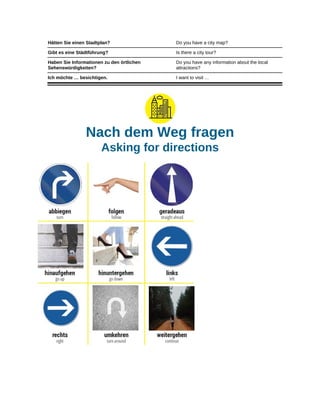 Hätten Sie einen Stadtplan? Do you have a city map?
Gibt es eine Städtführung? Is there a city tour?
Haben Sie Informationen zu den örtlichen
Sehenswürdigkeiten?
Do you have any information about the local
attractions?
Ich möchte … besichtigen. I want to visit …
Nach dem Weg fragen
Asking for directions
 