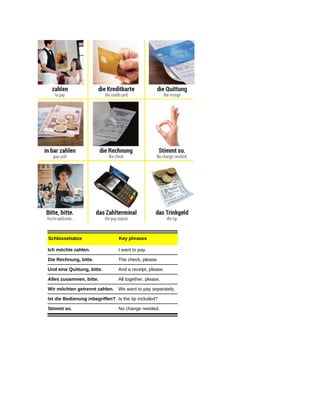 Schlüsselsätze Key phrases
Ich möchte zahlen. I want to pay.
Die Rechnung, bitte. The check, please.
Und eine Quittung, bitte. And a receipt, please.
Alles zusammen, bitte. All together, please.
Wir möchten getrennt zahlen. We want to pay separately.
Ist die Bedienung inbegriffen? Is the tip included?
Stimmt so. No change needed.
 