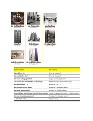 Schlüsselsätze Key phrases
Wann öffnen Sie? When do you open?
Wann schließen Sie? When do you close?
Haben Sie mittags geöffnet? Are you open during lunch?
Um wie viel Uhr schließen Sie am Samstag? What time do you close on Saturdays?
Wo bekomme ich …? Where can I get …?
Wo finde ich Schuhe, bitte? Where can I find shoes, please?
Wo ist der Aufzug, bitte? Where is the elevator, please?
Entschuldigen Sie, bitte, wo finde ich Wintermäntel? Excuse me, please, where can I find winter coats?
Wo sind die Umkleidekabinen? Where are the changing rooms?
… führen wir nicht. We don’t carry …
 