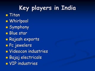 Key players in India
 Titan
 Whirlpool
 Symphony
 Blue star
 Rajesh exports
 Pc jewelers
 Videocon industries
 Bajaj electricals
 VIP industries
 