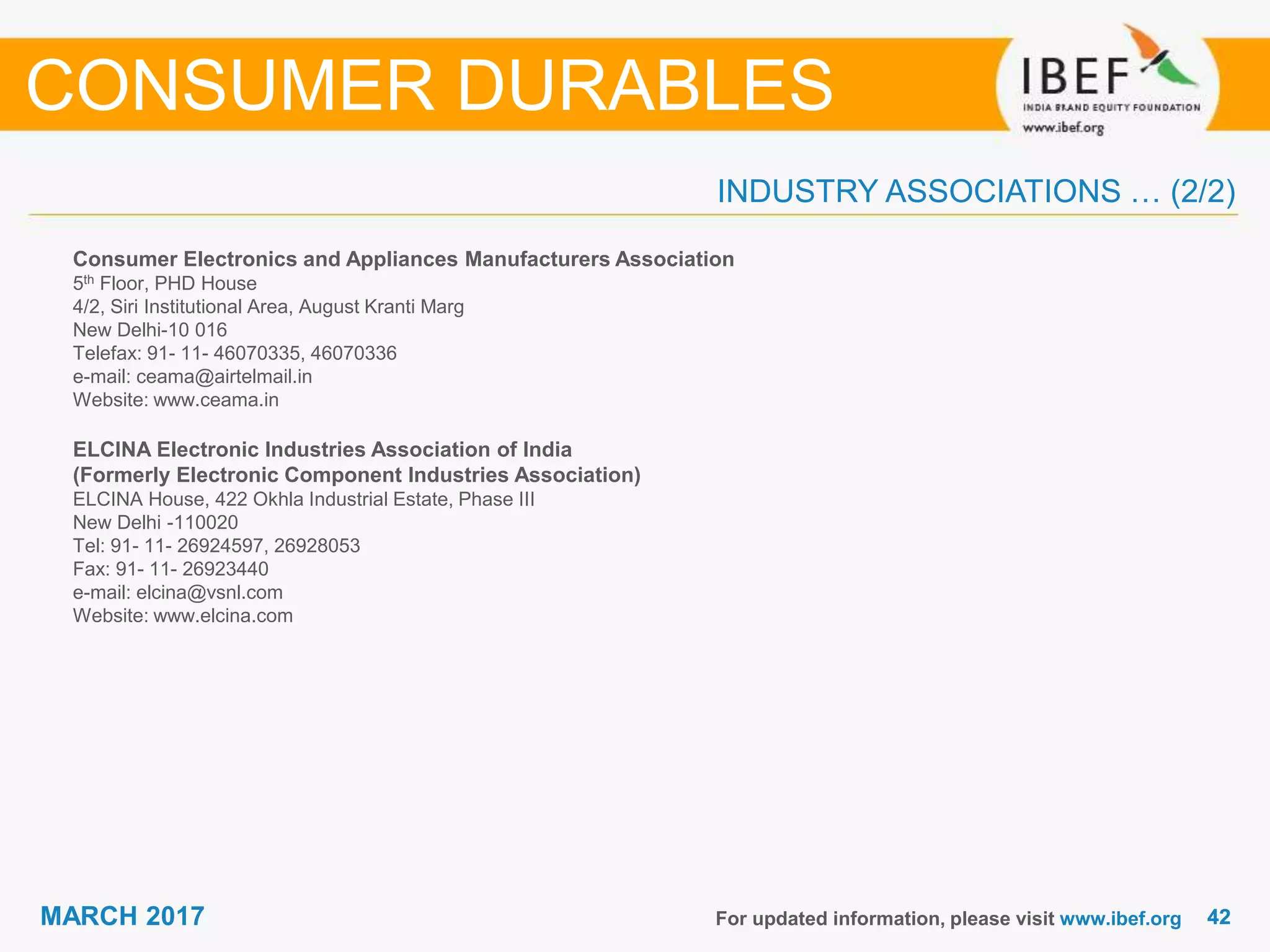 4242MARCH 2017
INDUSTRY ASSOCIATIONS … (2/2)
Consumer Electronics and Appliances Manufacturers Association
5th Floor, PHD House
4/2, Siri Institutional Area, August Kranti Marg
New Delhi-10 016
Telefax: 91- 11- 46070335, 46070336
e-mail: ceama@airtelmail.in
Website: www.ceama.in
ELCINA Electronic Industries Association of India
(Formerly Electronic Component Industries Association)
ELCINA House, 422 Okhla Industrial Estate, Phase III
New Delhi -110020
Tel: 91- 11- 26924597, 26928053
Fax: 91- 11- 26923440
e-mail: elcina@vsnl.com
Website: www.elcina.com
For updated information, please visit www.ibef.org
CONSUMER DURABLES
 