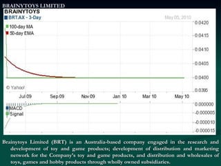 BRAINYTOYS LIMITED Brainytoys Limited (BRT) is an Australia-based company engaged in the research and development of toy and game products; development of distribution and marketing network for the Company’s toy and game products, and distribution and wholesales of toys, games and hobby products through wholly owned subsidiaries. 