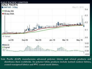 GALE PACIFIC LIMITED Gale Pacific (GAP) manufactures advanced polymer fabrics and related products and distributes them worldwide. Its polymer fabric products include knitted outdoor fabrics, coated waterproof fabrics and PVC coated mesh fabrics. 
