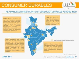 2727APRIL 2017 For updated information, please visit www.ibef.org
Source: TechSci Research
KEY MANUFACTURING PLANTS OF CONSUMER DURABLES ACROSS INDIA
CONSUMER DURABLES
WEST: Maharashtra and Gujarat
host units for LG, Videocon &
Samsung. In 2015, Videocon
announced that it has been planning
to invest USD328 million in Gujarat
for manufacturing facilities. In 2016,
Godrej announced to invest
USD29.87 million to boost
production at its Punjab & Pune
facilities.
SOUTH: Tamil Nadu hosts
manufacturing facilities for a number
of leading firms. In 2015, Thomson
announced to invest USD49.13
million in manufacturing facilities in
Telangana
NORTH: Delhi & Uttarkhand are
the key consumer durables
manufacturing hubs in North India.
Panasonic has set up its plant in
Jhajjar, In 2015, the Taiwan
Electrical & Electronic
Manufacturers‘ Association
(TEEMA) has announced to invest
USD200 million in electronics
manufacturing sector in UP
EAST: West Bengal is a
major hub for Videocon &
Phillips. In 2015, Whirlpool
announced to invest
USD3.28 million to set up
exclusive showrooms
Major consumer durables manufacturing plant
 