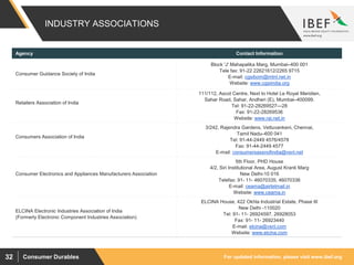 For updated information, please visit www.ibef.orgConsumer Durables32
INDUSTRY ASSOCIATIONS
Agency Contact Information
Consumer Guidance Society of India
Block 'J' Mahapalika Marg, Mumbai–400 001
Tele fax: 91-22 22621612/2265 9715
E-mail: cgsibom@mtnl.net.in
Website: www.cgsiindia.org
Retailers Association of India
111/112, Ascot Centre, Next to Hotel Le Royal Meridien,
Sahar Road, Sahar, Andheri (E), Mumbai–400099.
Tel: 91-22-28269527—28
Fax: 91-22-28269536
Website: www.rai.net.in
Consumers Association of India
3/242, Rajendra Gardens, Vettuvankeni, Chennai,
Tamil Nadu–600 041
Tel: 91-44-2449 4576/4578
Fax: 91-44-2449 4577
E-mail: consumersassnofindia@vsnl.net
Consumer Electronics and Appliances Manufacturers Association
5th Floor, PHD House
4/2, Siri Institutional Area, August Kranti Marg
New Delhi-10 016
Telefax: 91- 11- 46070335, 46070336
E-mail: ceama@airtelmail.in
Website: www.ceama.in
ELCINA Electronic Industries Association of India
(Formerly Electronic Component Industries Association)
ELCINA House, 422 Okhla Industrial Estate, Phase III
New Delhi -110020
Tel: 91- 11- 26924597, 26928053
Fax: 91- 11- 26923440
E-mail: elcina@vsnl.com
Website: www.elcina.com
 
