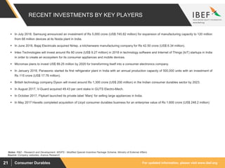 For updated information, please visit www.ibef.orgConsumer Durables21
RECENT INVESTMENTS BY KEY PLAYERS
Source: Company websites, Aranca Research
Notes: R&D - Research and Development, MSIPS - Modified Special Incentive Package Scheme, Ministry of External Affairs
 In July 2018, Samsung announced an investment of Rs 5,000 crore (US$ 745.82 million) for expansion of manufacturing capacity to 120 million
from 68 million devices at its Noida plant in India.
 In June 2018, Bajaj Electricals acquired Nirlep, a kitchenware manufacturing company for Rs 42.50 crore (US$ 6.34 million).
 Intex Technologies will invest around Rs 60 crore (US$ 9.27 million) in 2018 in technology software and Internet of Things (IoT) startups in India
in order to create an ecosystem for its consumer appliances and mobile devices.
 Micromax plans to invest US$ 89.25 million by 2020 for transforming itself into a consumer electronics company.
 In January 2018, Panasonic started its first refrigerator plant in India with an annual production capacity of 500,000 units with an investment of
Rs 115 crore (US$ 17.76 million).
 British technology company Dyson will invest around Rs 1,300 crore (US$ 200 million) in the Indian consumer durables sector by 2023.
 In August 2017, V-Guard acquired 49.43 per cent stake in GUTS Electro-Mech.
 In October 2017, Flipkart launched its private label ‘Marq’ for selling large appliances in India.
 In May 2017 Havells completed acquisition of Lloyd consumer durables business for an enterprise value of Rs 1,600 crore (US$ 248.2 million)
 
