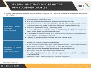 For updated information, please visit www.ibef.orgConsumer Durables25
 Products to be sold under the same brand internationally
 In 2015, according to revised FDI regulations single brand retail companies if desire to sell on ecommerce
platform would be allowed only if they have licence for setting up physical outlets
 Sale of multi brand goods is not allowed, even if produced by the same manufacturer
 For FDI above 51 per cent, 30 per cent sourcing must be from SMEs
 Any additional product categories to be sold under single brand retail must first receive additional
government approval
 “Make in India” initiative to further strengthen the investments coming to India
 Minimum investment cap is US$ 100 million
 30 per cent procurement of manufactured or processed products must be from SMEs
 Minimum 50 per cent of the first minimum tranche of US$ 100 million must be invested in back-end
infrastructure (logistics, cold storage, soil testing labs, seed farming and agro-processing units)
 Removes the middlemen and provides a better price to farmers
 50 per cent of the jobs in the retail outlet could be reserved for rural youth and a certain amount of farm
produce could be required to be procured from poor farmers
 To ensure the Public Distribution System (PDS) and Food Security System (FSS), government reserves
the right to procure a certain amount of food grains
 Consumers will receive higher quality products at lower prices and better service
KEY RETAIL RELATED FDI POLICIES THAT WILL
IMPACT CONSUMER DURABLES
51 per cent FDI in multi
brand retail
Status: Approved
Source: Aranca Research, DIPP
100 per cent FDI in single
brand retail
Status: Policy passed
 According to the Department of Industrial Policy and Promotion, during April 2000 – June 2018, FDI inflows into the electronics sector stood at
US$ 1.97 billion.
 
