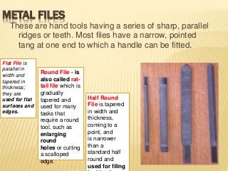METAL FILES
These are hand tools having a series of sharp, parallel
ridges or teeth. Most files have a narrow, pointed
tang at one end to which a handle can be fitted.
Flat File is
parallel in
width and
tapered in
thickness;
they are
used for
flat
surfaces
and edges.
Half Round
File is
tapered in
width and
thickness,
coming to
a point,
and
is narrower
than a
standard
half round
and used
for filing
Round File - is
also called rat-
tail file which
is gradually
tapered and
used for many
tasks that
require a round
tool, such as
enlarging round
holes or cutting
a scalloped
edge.
 
