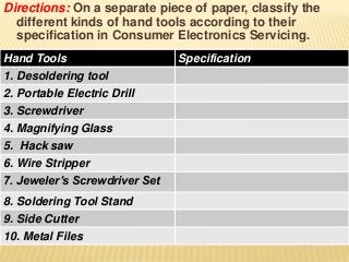 Directions: On a separate piece of paper, classify the
different kinds of hand tools according to their
specification in Consumer Electronics Servicing.
Hand Tools Specification
1. Desordering tool
2. Portable Electric Drill
3. Screwdriver
4. Magnifying Glass
5. Hack saw
6. Wire Stripper
7. Jeweler’s Screwdriver
Set
8. Soldering Tool Stand
9. Side Cutter
10. Metal Files
 