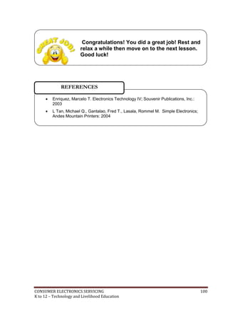 Congratulations! You did a great job! Rest and 
relax a while then move on to the next lesson. 
Good luck! 
REFERENCES 
 Enriquez, Marcelo T. Electronics Technology IV; Souvenir Publications, Inc.: 
2003 
 L Tan, Michael Q., Gantalao, Fred T., Lasala, Rommel M. Simple Electronics; 
Andes Mountain Printers: 2004 
CONSUMER ELECTRONICS SERVICING 100 
K to 12 – Technology and Livelihood Education 
 