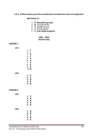 LO 2. Perform basic preventive maintenance of electronic tools and equipment 
Self Check 2.1 
1. D (Desoldering tool)) 
2. B (Contaminants) 
3. C (Soldering gun) 
4. C (Oscilloscope) 
5. C (Lab safety program) 
PRE – TEST 
Answer keys 
LESSON 1. 
LO 1. 
1. L 
2. I 
3. H 
4. F 
5. D 
6. A 
7. C 
8. E 
9. K 
10. B 
LO2. 
1. A 
2. A 
3. B 
4. D 
5. B 
LESSON 2 
LO1. 
1. C 
2. B 
3. B 
4. D 
5. D 
LO2. 
1. D 
2. B 
3. C 
4. B 
5. A 
CONSUMER ELECTRONICS SERVICING 149 
K to 12 – Technology and Livelihood Education 
 