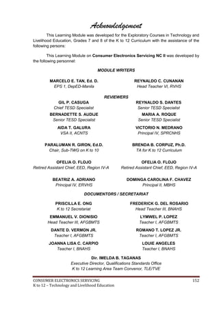 Acknowledgement 
This Learning Module was developed for the Exploratory Courses in Technology and 
Livelihood Education, Grades 7 and 8 of the K to 12 Curriculum with the assistance of the 
following persons: 
This Learning Module on Consumer Electronics Servicing NC II was developed by 
the following personnel: 
MODULE WRITERS 
MARCELO E. TAN, Ed. D. 
EPS 1, DepED-Manila 
REYNALDO C. CUNANAN 
Head Teacher VI, RVHS 
REVIEWERS 
GIL P. CASUGA 
Chief TESD Specialist 
REYNALDO S. DANTES 
Senior TESD Specialist 
BERNADETTE S. AUDIJE 
Senior TESD Specialist 
MARIA A. ROQUE 
Senior TESD Specialist 
AIDA T. GALURA 
VSA II, ACNTS 
VICTORIO N. MEDRANO 
Principal IV, SPRCNHS 
PARALUMAN R. GIRON, Ed.D. 
Chair, Sub-TWG on K to 10 
BRENDA B. CORPUZ, Ph.D. 
TA for K to 12 Curriculum 
OFELIA O. FLOJO 
Retired Assistant Chief, EED, Region IV-A 
OFELIA O. FLOJO 
Retired Assistant Chief, EED, Region IV-A 
BEATRIZ A. ADRIANO 
Principal IV, ERVHS 
DOMINGA CAROLINA F. CHAVEZ 
Principal II, MBHS 
DOCUMENTORS / SECRETARIAT 
PRISCILLA E. ONG 
K to 12 Secretariat 
FREDERICK G. DEL ROSARIO 
Head Teacher III, BNAHS 
EMMANUEL V. DIONISIO 
Head Teacher III, AFGBMTS 
LYMWEL P. LOPEZ 
Teacher I, AFGBMTS 
DANTE D. VERMON JR. 
Teacher I, AFGBMTS 
ROMANO T. LOPEZ JR. 
Teacher I, AFGBMTS 
JOANNA LISA C. CARPIO 
Teacher I, BNAHS 
LOUIE ANGELES 
Teacher I, BNAHS 
Dir. IMELDA B. TAGANAS 
Executive Director, Qualifications Standards Office 
K to 12 Learning Area Team Convenor, TLE/TVE 
CONSUMER ELECTRONICS SERVICING 152 
K to 12 – Technology and Livelihood Education 
