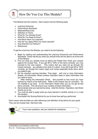 How Do You Use This Module? 
This Module has five Lessons. Each Lesson has the following parts: 
 Learning Outcomes 
 Performance Standards 
 Materials/Resources 
 Definition of Terms 
 What Do You Already Know? 
 What Do You Need to Know? 
 How Much Have You Learned? 
 How Do You Apply What You Have Learned? 
 How Well Did You Perform? 
 References 
To get the most from this Module, you need to do the following: 
1. Begin by reading and understanding the Learning Outcome/s and Performance 
Standards. These will tell you what you should know and be able to do at the end 
of this Module. 
2. Find out what you already know by taking the Pretest then check your answer 
against the Answer Key. If you get 99 to 100% of the items correctly, you may 
proceed to the next Lesson. This means that you need not go through the 
Lesson because you already know what it is about. If you fail to get 99 to 100% 
correctly, go through the Lesson again and review especially those items which 
you failed to get. 
3. Do the required Learning Activities. They begin with one or more Information 
Sheets. An Information Sheet contains important notes or basic information that 
you need to know. 
After reading the Information Sheet, test yourself on how much you have 
learned by means of the Self-check. Refer to the Answer Key for correction. Do 
not hesitate to go back to the Information Sheet when you do not get all test 
items correctly. This will ensure your mastery of basic information. 
4. Demonstrate what you learned by doing what the Activity / Operation /Job Sheet 
directs you to do. 
5. You must be able to apply what you have learned in another activity or in a real 
life situation. 
6. Accomplish the Scoring Rubrics for you to know how well you performed. 
Each Lesson also provides you with references and definition of key terms for your guide. 
They can be of great help. Use them fully. 
If you have questions, ask your teacher for assistance. 
CONSUMER ELECTRONICS SERVICING 3 
K to 12 – Technology and Livelihood Education 
 