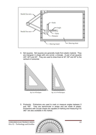 4. Set squares. Set squares are generally made from plastic material. They 
are triangular in shape with one corner, a triangle. A pair of set squares 
(30o- 60o) and 45o. They are used to draw lines at 30o, 60o and 45o to the 
vertical or horizontal. 
5. Protractor. Protractors are used to mark or measure angles between 0 
and 180o. They are semicircular in shape and are made of plastic. 
Protractors with circular shape are capable of marking and measuring 0 to 
360 o are also available in the market. 
CONSUMER ELECTRONICS SERVICING 63 
K to 12 – Technology and Livelihood Education 
 