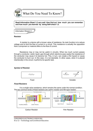 Read Information Sheet 1.2 very well then find out how much you can remember 
and how much you learned by doing Self-check 1.2. 
Information Sheet 2.1 
Resistor 
What Do You Need To Know? 
A resistor is a device with a known value of resistance. Its main function is to reduce 
voltage and to limit the flow of current in a circuit. This resistance is actually the opposition 
that a component or material offers to the flow of current. 
Resistance may or may not be useful in circuit/s. When too much current passes 
through a conductor, (solid, liquid, gas through which electrons pass easily) the resistance of 
the conductor may cause it to become hot. This, in turn, can create a fire hazard or cause 
the conductor to burn out. In this case, it is not desirable. In other cases, when it is placed 
intentionally in the circuit, it performs its specific task. 
Symbol of Resistor 
Fixed Variable 
Fixed Resistors 
It is a single value resistance, which remains the same under the normal condition. 
The two common kinds of fixed resistors are carbon resistor and film-type resistor. 
Carbon Resistor Film Resistor 
CONSUMER ELECTRONICS SERVICING 68 
K to 12 – Technology and Livelihood Education 
 